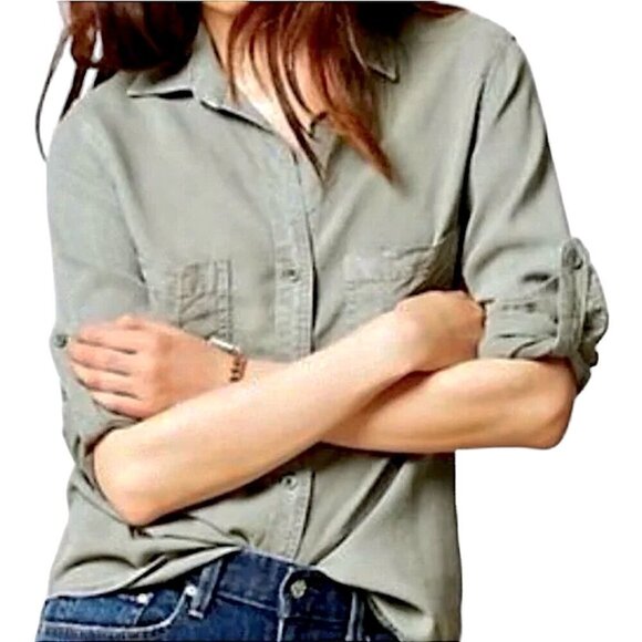 Anthropologie CLOTH & STONE Green Split Back Button Up High Low Shirt - Picture 2 of 12
